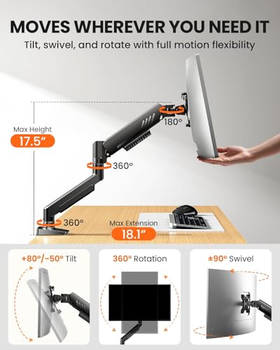 ErGear Single Monitor Arm, Fully Adjustable Monitor Mount for 13–34 Inch Screens, Fast Install Computer Monitor Stand with Tool-Free VESA Mount, Cable Management, Holds 19.8 lbs, Max VESA 100x100mm - size: 13"-34", style: Single Arm
