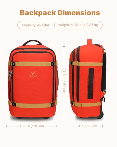 Hynes Eagle Rolling Backpack 42L Backpack with Wheels Airline Approved Carry on Luggage Laptop Travel Suitcase Bag for Women Men Orange - color: Orange