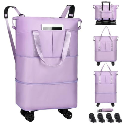 VOOWO Duffel Bag with Wheels - Rolling Foldable Expandable Duffle Bag with Wheels for Travel, Rolling Luggage Bag Carry On Travel Bag with Wheels, Large Wheeled Overnight Weekender Bag (Light Purple) - color: Light Purple