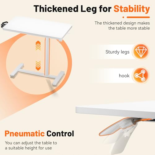 YESHOMY Adjustable Bedside Table with Wheels, Phone Stand, Cup Holder and Headphone Hook, Adjustable Height Side Table, Hospital and Home Use, White - color: White, size: 31.5 Inch