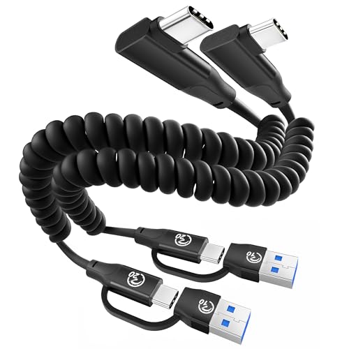 Right Angle USB C Coiled Cable 1FT 2Pack, 20Gbps USBC 3.2 Gen 2 Data Cable | 4K Video Output, Short Type C Car Charger Cord for Android Auto/ CarPlay, 100W Charging for iPhone 17/16/15, Galaxy S26 S25 - color: Black Angle