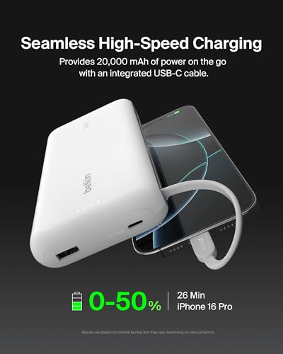 Belkin 20000mAh 30W USB C Power Bank, Portable Charger for iPhone & iPad | Fast Charging, Integrated USB C Cable, Eatra USB C Port, iPhone 17, iPad, Samsung Galaxy S26, Charge 2 Devices - color: White, style: 20K mAh
