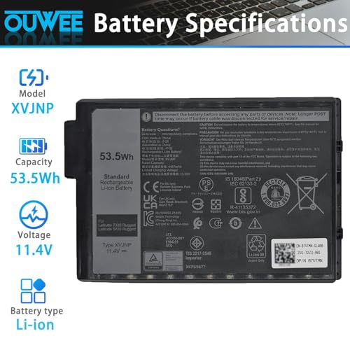 XVJNP Laptop Battery Compatible with Dell Latitude 5430 7330 Rugged Latitude P148G P148G001 P149G P149G001 Series 6JRCP 06JRCP M0TN3 0M0TN3 KD1CT 451-BCWQ 53.5Wh 4457mAh 11.4V - size: 5.08*3.39*0.59 inch XVJNP