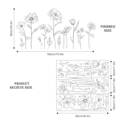 Large Black Boho Flower Wall Decals, 3 Sheets Simple Sketch Floral Wall Stickers Peony Wildflower Peel Stick Wall Art Decor Bedroom Home Room Office Garden Hall Adult Gifts for Mom(11.8x35.4 in/Sheet) - style: Large Peony Flower Set