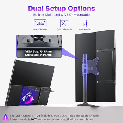 VisionOwl Portable Monitor for Laptop, IPS USB-C HDMI Travel Second Monitor for MacBook Pro Air, PC, PS5, Xbox, Portable Second Screen, Built-in Kickstand, Speakers, VESA Mountable, 15.6 Inch - size: 15.6 inch