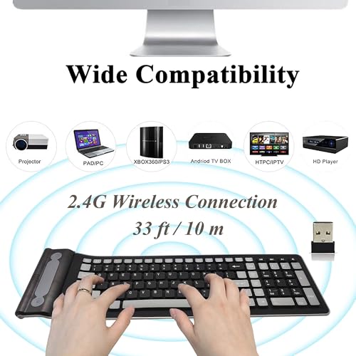 Foldable Silicone Wireless Keyboard - Mini Portable Roll Up Design, 2.4G USB Full Size with Number Pad, Waterproof Dustproof Soft Silent Keyboard for Travel, Flexible and Compact (Black)