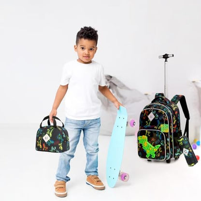Kids Rolling Dinosaur Backpack for Boys Luggage Suitcase With Wheels Trolley Wheeled POP Roller Backpacks for Elementary Travel School Bags 17" 3PCS Toy Backpack With Lunch Box Green - color: 041123-konglong