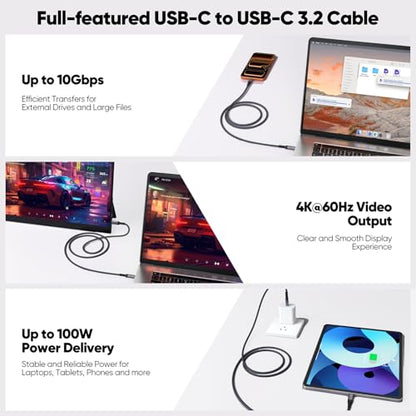 USB C 3.2 Gen 2 Cable 10ft Long, 4K@60Hz Video Monitor Display 10Gbps High Speed Data Transfer 100W Fast Charging Cord for PS5 Xbox Steam Deck iPhone 17 Galaxy S26 Laptop Monitor