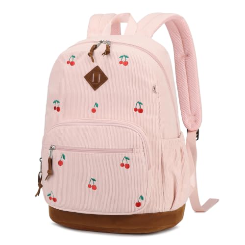 mygreen Corduroy Backpack with Cute Embroidery Daily School Bag Cherry Pink | Soft corduroy outer, lovely embroidery decor; lightweight sturdy build; polyester padded back delivers stable & soft support - color: Cherry Pink