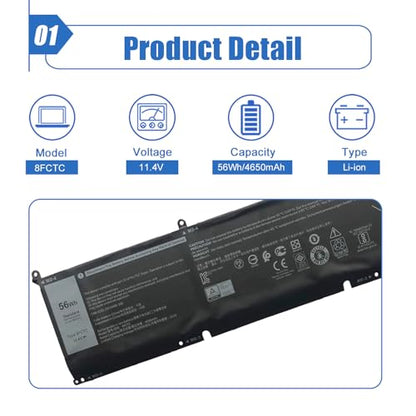 56Wh 8FCTC Laptop Battery Compatible with DELL XPS 15 9500 XPS 15 9500-R1505S -R1845S -R1845TS -R1945TS Series Notebook 3ICP7/73/64 DVG8M P8P1P 11.4V 4650mAh - size: 11.8*2.13*0.18 inch 8FCTC