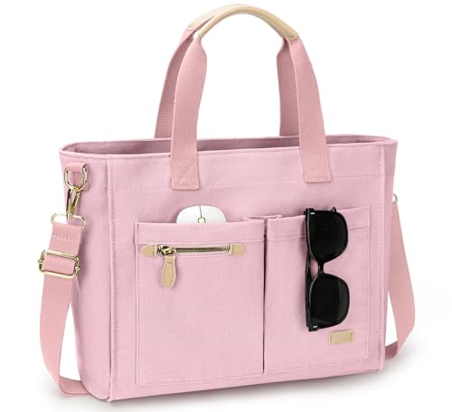 Tuwubi Canvas Tote Bag for Women, Large Tote Bag with Zipper & Compartments for Travel Work College Teacher Nurse - color: Pink