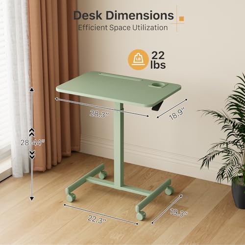 28” Rolling Standing Desk Height Adjustable with 4 Lockable Wheels | Small Mobile Laptop Stand Up Cart with Cup Holder, Portable Teacher Computer Workstation with Hook and Slots, Green - color: Green