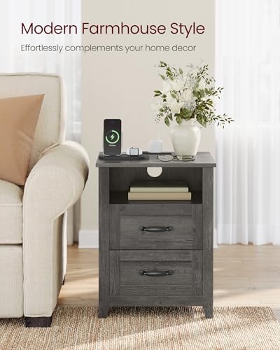 VASAGLE LIRY Collection - Farmhouse Nightstand with Charging Station, Bedside Table, Side Table with 2 Drawers, Open Compartment, for Bedroom, Misty Gray ULET669G01 - color: Misty Gray, size: 1 PACK, style: 17.7"W x 23.6"H With 2 Drawers
