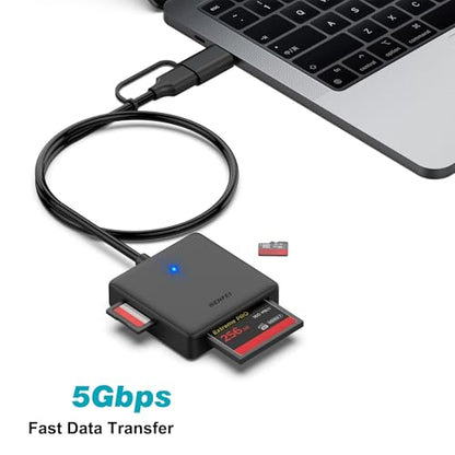 Memory Card Reader, BENFEI 4in1 USB 3.0 and USB-C to SD Micro SD MS CF Card Reader Adapter, 4 Cards Simultaneously Read and Write, Compatible with iPhone 15 Series, MacBook Pro/Air 2023, and More - color: 4in1