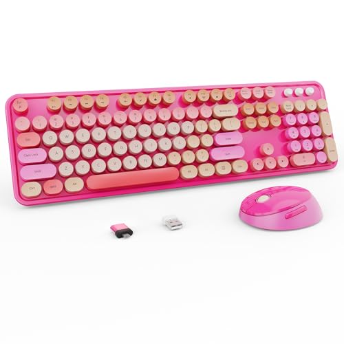 Nowlike Wireless Keyboard and Mouse Combo, Retro Typewriter Keyboard with Round Keycaps, Full-Size Ergonomic, Red, Ideal for Windows PC, Home, Office, and College, Wireless Keyboard Mouse Combo - color: Red