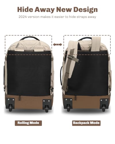 Hynes Eagle Rolling Backpack 42L Backpack with Wheels Airline Approved Carry on Luggage Laptop Travel Suitcase Bag for Women Men Khaki - color: Khaki