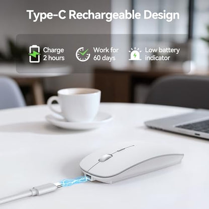 TECKNET Bluetooth Wireless Mouse, Rechargeable Silent Portable Computer Mouse, 6 Adjustable DPI, Dual Mode (Bluetooth 5.2/3.0 and 2.4G USB Receiver) for Laptop, iPad, MacBook, PC, Desktop, Android - color: white