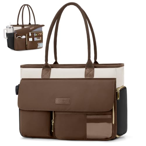 RAINSMORE Nurse Bag with Insulated Lunch Compartment, Laptop Work Bag Women | Large Lunch Tote Bag with 40OZ Cup Holder, Waterproof 15.6"/17.3" Teacher Laptop Bag for Office, College, Travel - color: Black Brown White, size: 15.6 Inch