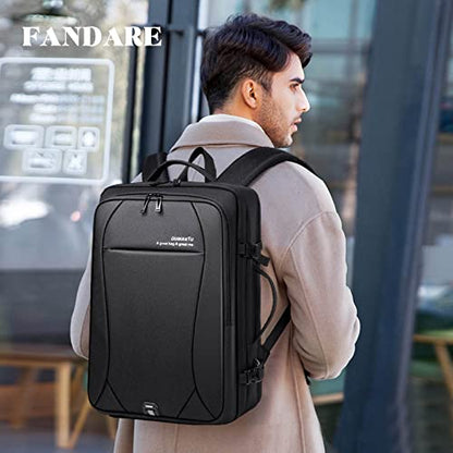 FANDARE 15.6 Inch Laptop Backpack for Men Women Business Travel Backpack with USB Charging Port & Luggage Strap Large Waterproof Polyester Carry On Backpack Black - color: Black