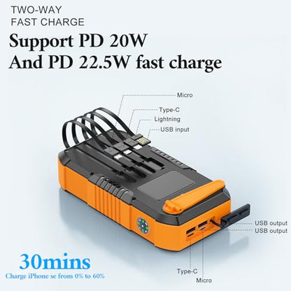 Hand CrankPower Bank 66800mAh and 4 Cables 22.5W Fast Charge Power Bank 5 Outputs & 3 Inputs Solar Portable Charger (Orange) - color: orange