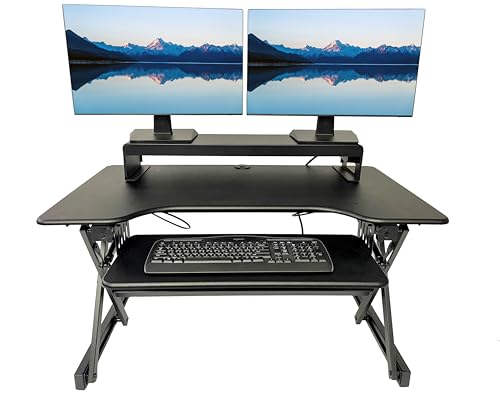 Rocelco 40" Height Adjustable Standing Desk Converter with AC Outlet USB Charger and Dual Monitor Stand - Tabletop Riser Computer Workstation - Sliding Keyboard Tray - Black (R DADRB-40-ACUSB-DMS) - color: Black Acusb, size: 40", style: Riser+Monitor Stan