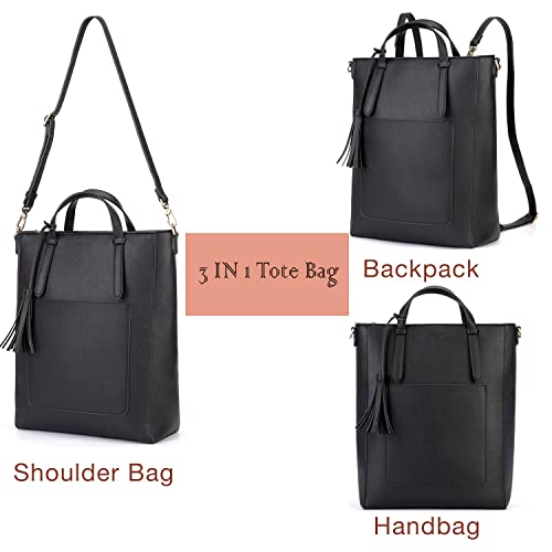 ECOSUSI Tote Bag Convertible Backpack for Women Vegan Leather Handbag Multifuction Shoulder Bag - color: Black