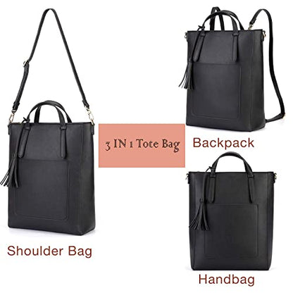ECOSUSI Tote Bag Convertible Backpack for Women Vegan Leather Handbag Multifuction Shoulder Bag - color: Black