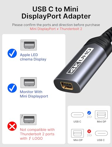 JSAUX USB C to Mini DisplayPort Adapter, 4K@60Hz, USB-C to Mini DisplayPort, Uni-Directional, for DP Alt Mode Devices, Not Compatible with Thunderbolt/Thunderbolt 2 Displays - size: 0.7ft
