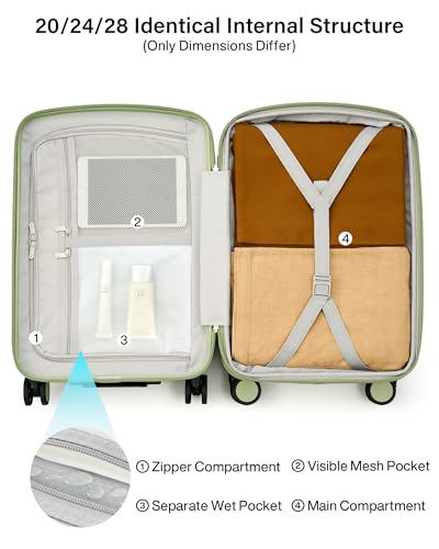 Hanke 20 Inch Expandable Carry On Luggage, Hard Shell with Side Hook | PC Hard Shell, Overhead Bin, Expandable Up to 15%, 8 Spinner Wheels, TSA Lock, Lightweight, Weekend Getaway - color: Bamboo Green, size: 20 Inch EXT