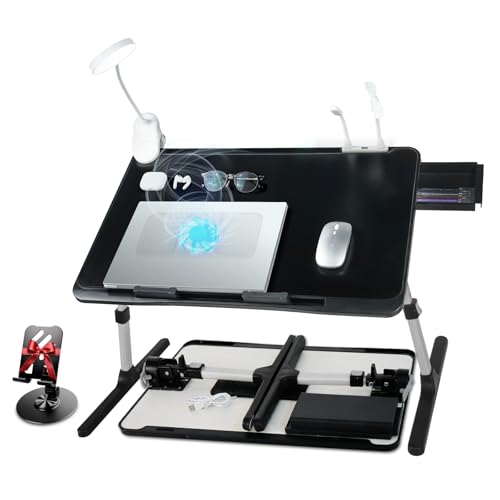 iXTRA Adjustable Laptop Lap Desk with Cooling Fan USB Light for Adults 60 * 40cm,Black - color: Black+holder,60*40cm
