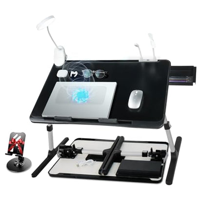 Adjustable Laptop Lap Desk with Cooling Fan USB Light for Adults 60 * 40cm,Black - color: Black+holder,60*40cm