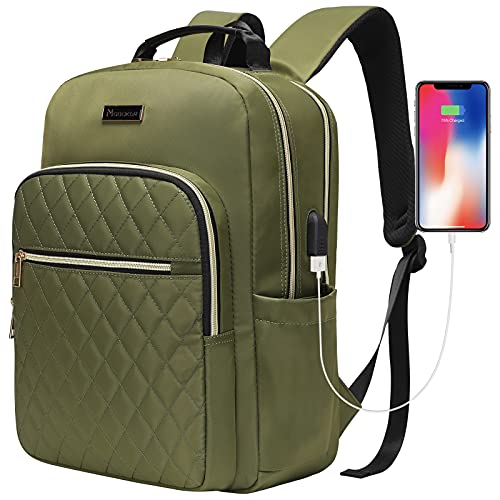Modoker Vintage Canvas Backpack with USB Port, Fits 15.6 Inch Laptop | Eco-friendly canvas backpack with durable construction. Comfortable straps for travel, work, or daily use. - color: Quilted Olive
