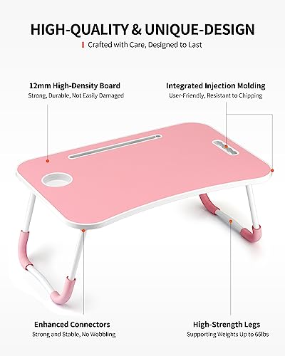 FISYOD Foldable Laptop Table, Portable Lap Desk Bed Table Tray, Laptop Stand with Cup Holder & Tablet Slot & Lifting Handle for Working Writing Drawing & Eating (Pink) - color: Pink
