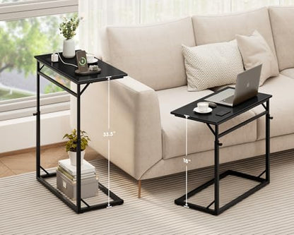 C Shaped End Table with Charging Station, C-Table End Table Adjustable Height Side Table for Couch, Large Couch Tables,Slide Under Sofa Tables TV Tray Arm Tables for Living Room,Bedroom,Black - color: Black, style: With Plug