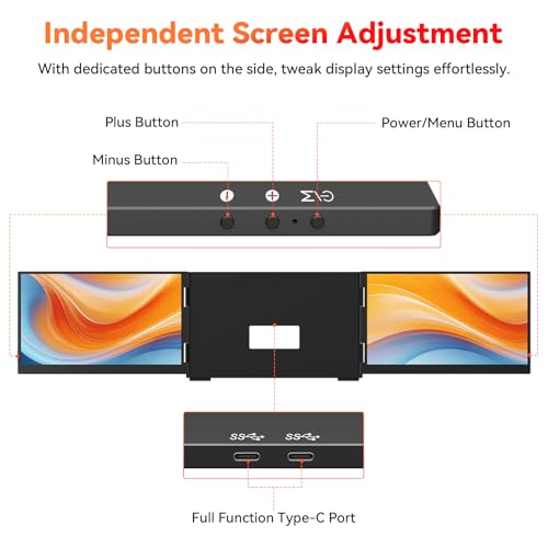 HotYeah Laptop Screen Extender (Windows Only), Dual 15.6" 1080P FHD Monitor | One Cable Connection, USB-C Travel Screen for 12 - 17" Laptop, Triple Portable Monitor w/ Kickstand & 240° Rotation - size: Dual 15.6"