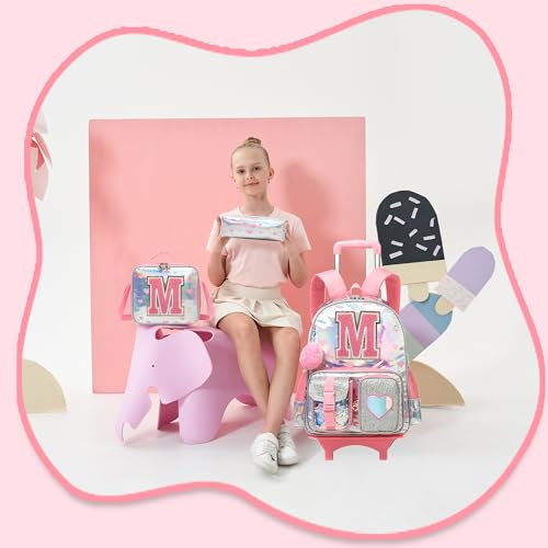 HTgroce Cute Rolling Backpack with Wheel,School Backpack for Kids Girl Roller Schoolbag Wheeled Backpacks Set Carry-on Luggage,Pink M - color: Pink, style: M
