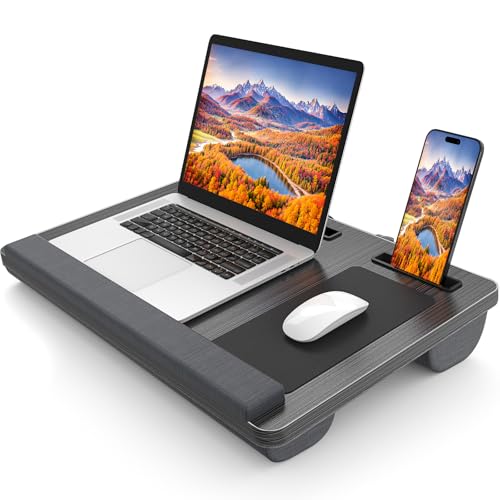 HETTHI Laptop Lap Desk, Portable Large Laptop Desk for Bed, Up to 17 Inch Lap Pad Tray with Wrist Rest, Mouse Pad, Tablet Phone Slot, Portable Handle, Cushion (Black) - color: Black