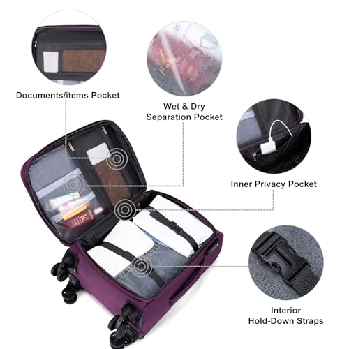 Carry on Suitcase 22x14x9 Airline Approved,20 inch Lightweight Suitcases with 360° silent swivel wheels, TSA Lock and Compartment, Large Capacity travel Suitcase-Purple - color: Purple, size: Carry-on 20 inch
