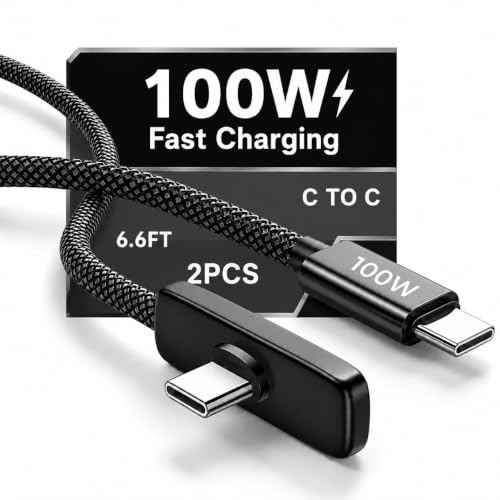 2-Pack 100W USB C to USB C Cable 6.6FT, 90 Degree T-Shaped Right Angle USB C Cable Fast Charging, Type C Charger Fast Charging Cord for iPhone 17/16/15, Samsung S25/S24, iPad, MacBook, Gaming, Black