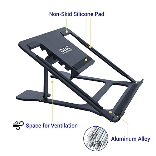 DAC Portable Laptop Stand with 6 Height Levels, Height Adjustable Foldable Aluminum Laptop Riser, Non-Skid Notebook Computer and Tablet Stand for Desk, Black, Fits Any MacBook or Laptop up to 16"