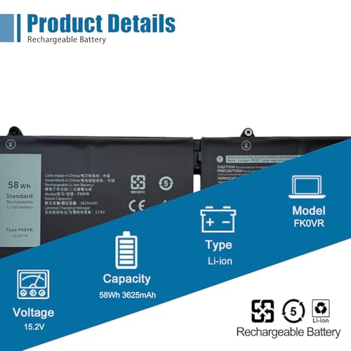 FK0VR Laptop Battery Replacement for Dell Latitude 5530 7530 5330 7330 5430 7430 2-in-1 Precision 3570 Series H4PVC 8WRCR 0Y86WG 78FWY 51R71 8P81K Y86WG HFN8K P133G P134G 15.2V 58Wh 3625mAh - size: 9.49*3.42*0.26 inch FK0VR