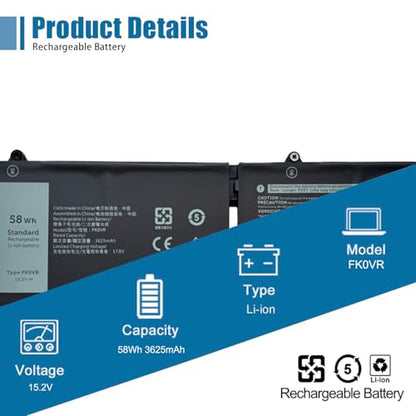 FK0VR Laptop Battery Replacement for Dell Latitude 5530 7530 5330 7330 5430 7430 2-in-1 Precision 3570 Series H4PVC 8WRCR 0Y86WG 78FWY 51R71 8P81K Y86WG HFN8K P133G P134G 15.2V 58Wh 3625mAh - size: 9.49*3.42*0.26 inch FK0VR