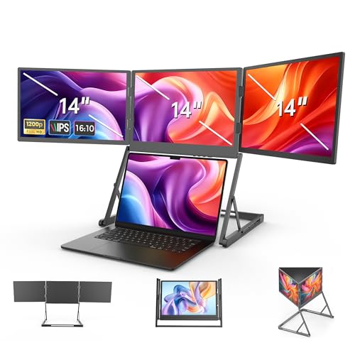 14 Inch Laptop Screen Extender, Portable Triple Monitor for 11-17 Inch Laptops, 1920x1200 IPS Foldable Display with 360° Rotation, USB-C (DP Alt Mode) and HDMI for Windows and Mac