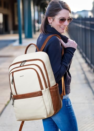 17 inch Leather Laptop Backpack for Women, Large Travel Backpack with 6 Compartments, Computer Backpack Purse for Work College - color: Beige