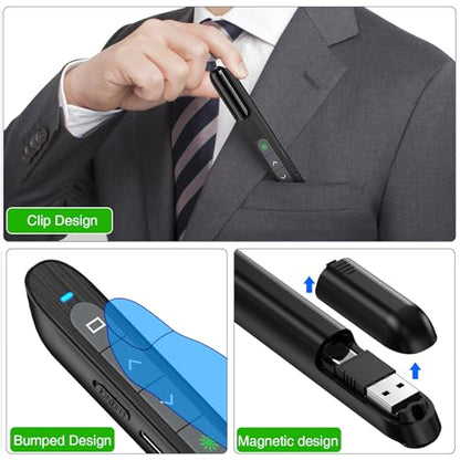 USB C Rechargeable Presentation Clicker with Green Light, Remote Clicker for Presentations Wireless Presenter Slide Changer PPT Advancer with Volume Control for Laptop Computer