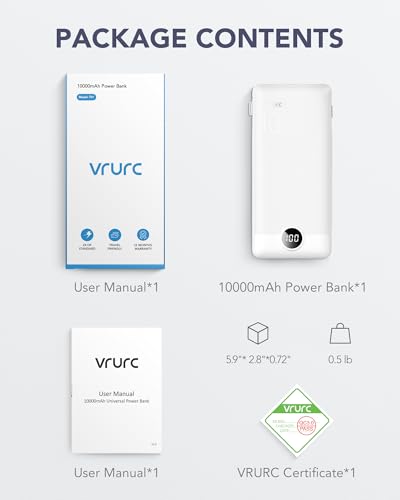 VRURC 3-in-1 Portable Charger, Built-in Cord & Foldable Wall AC Plug-White | 10000mAh Portable Power Bank, Travel Battery Pack for Smartphones, USB-C Emergency External Charger for Trip- (1 PACK)