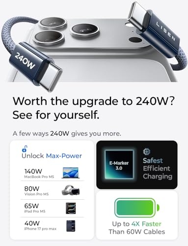 LISEN 10FT USB C Cable Fast Charging, 240W Long USB C to USB C Cable | 2-Pack, Midnight | USBC Cable for iPhone 17/16/15 Pro Max, iPad Pro/Air, MacBook Pro/Air, Samsung Galaxy S26 Ultra, Laptop - color: Midnight, size: 10FT+10FT