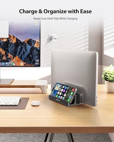 AboveTEK Vertical Laptop Stand, 3 Slots Aluminum Desk Laptop Holder & Laptop Docking Station Stand for MacBook, Tablet, Phone - Universal Fit (Up to 17.3") - Heavy Duty Polished, Anti Slide - Grey - color: Grey