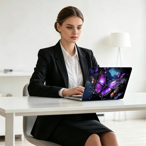 Universal Laptop Skin Decal, 3-Piece Vinyl Protector for 12 13 14 15.6" Notebook, Waterproof Anti-Scratch, Easy Trim & Bubble-Free Finish, Purple Butterfly with Glittering - color: Purple Butterfly with Glittering