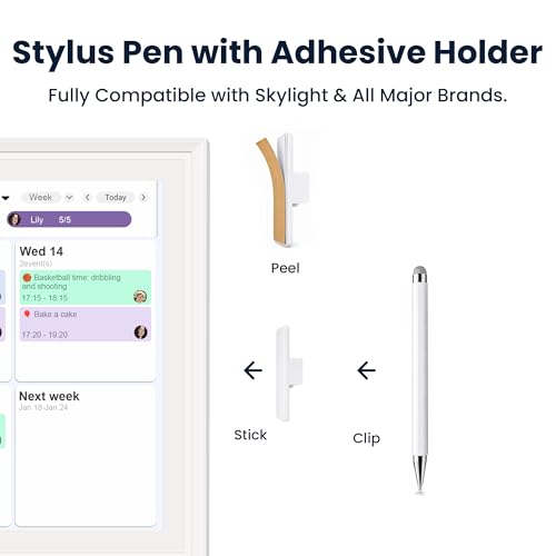 Stylus Pen with Adhesive Holder, Compatible with Skylight Calendar, 2-in-1 Dual Tip (Mesh & Disc) Stylus for Tablet & Smart Digital Calendar, No Charging, Always Attached, White